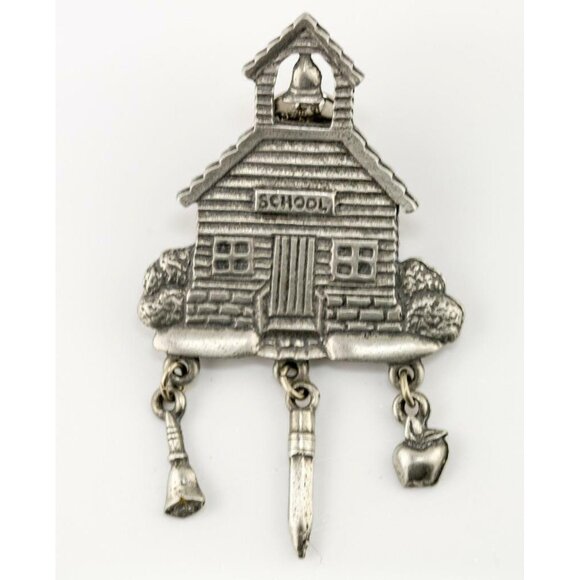 LCD Pewter Old Fashioned One Room Schoolhouse Lapel Pin Apple Pencil Bell - Picture 1 of 3